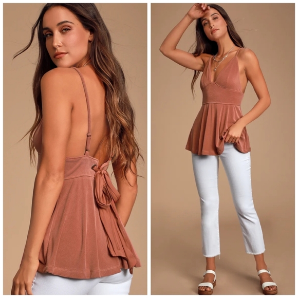 Free People Never Let You Go Ribbed Grommet Tie Back Peplum Spaghetti St… - Picture 2 of 9